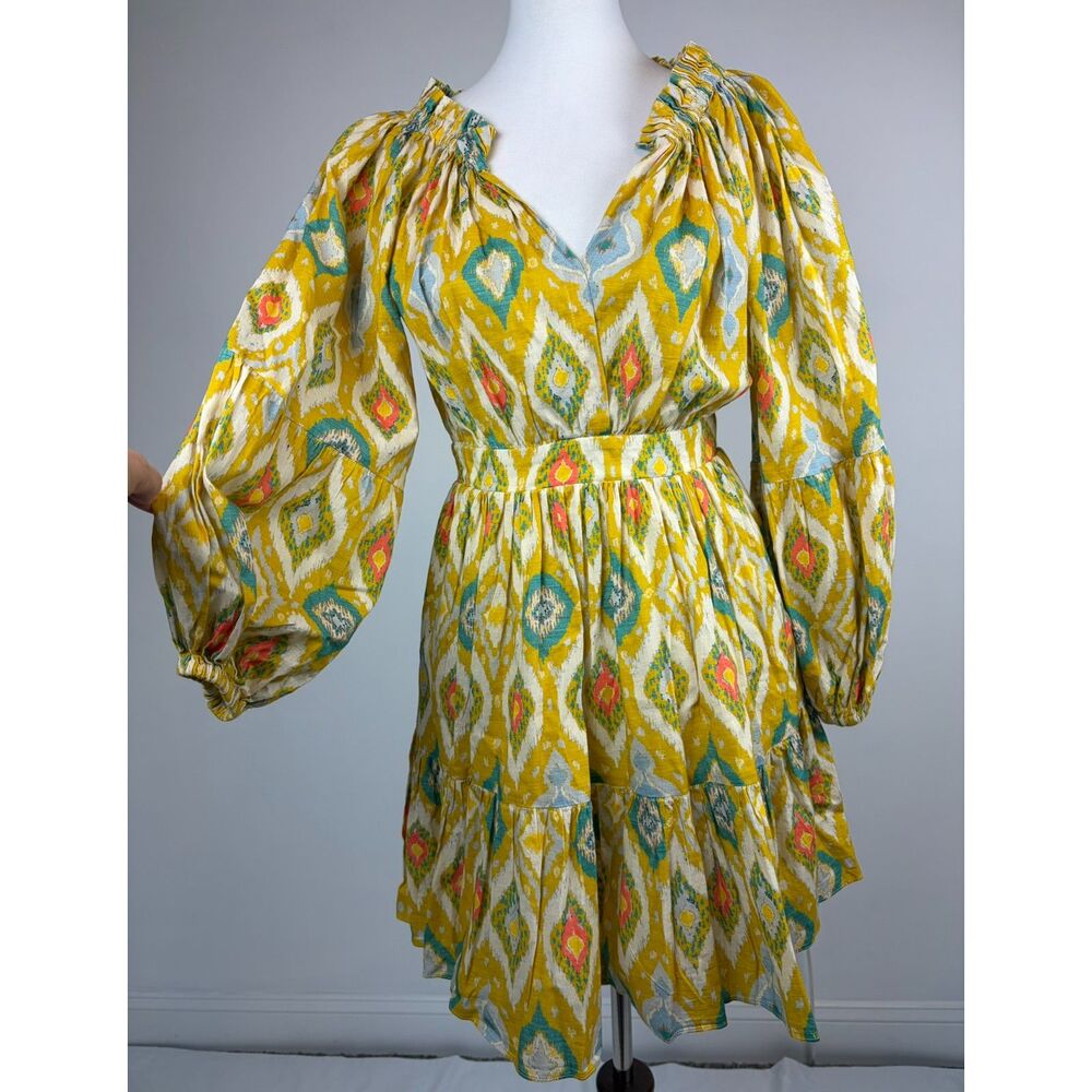 Charina Sarte Cotton Ikat Mini Boho Dress M Balloon Sleeve Fall Folk Cowgirl